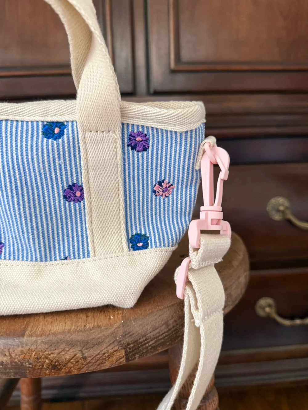 Girls Mini Canvas Tote Bag Blue Stripe Embroidered Floral Crossbody Purse